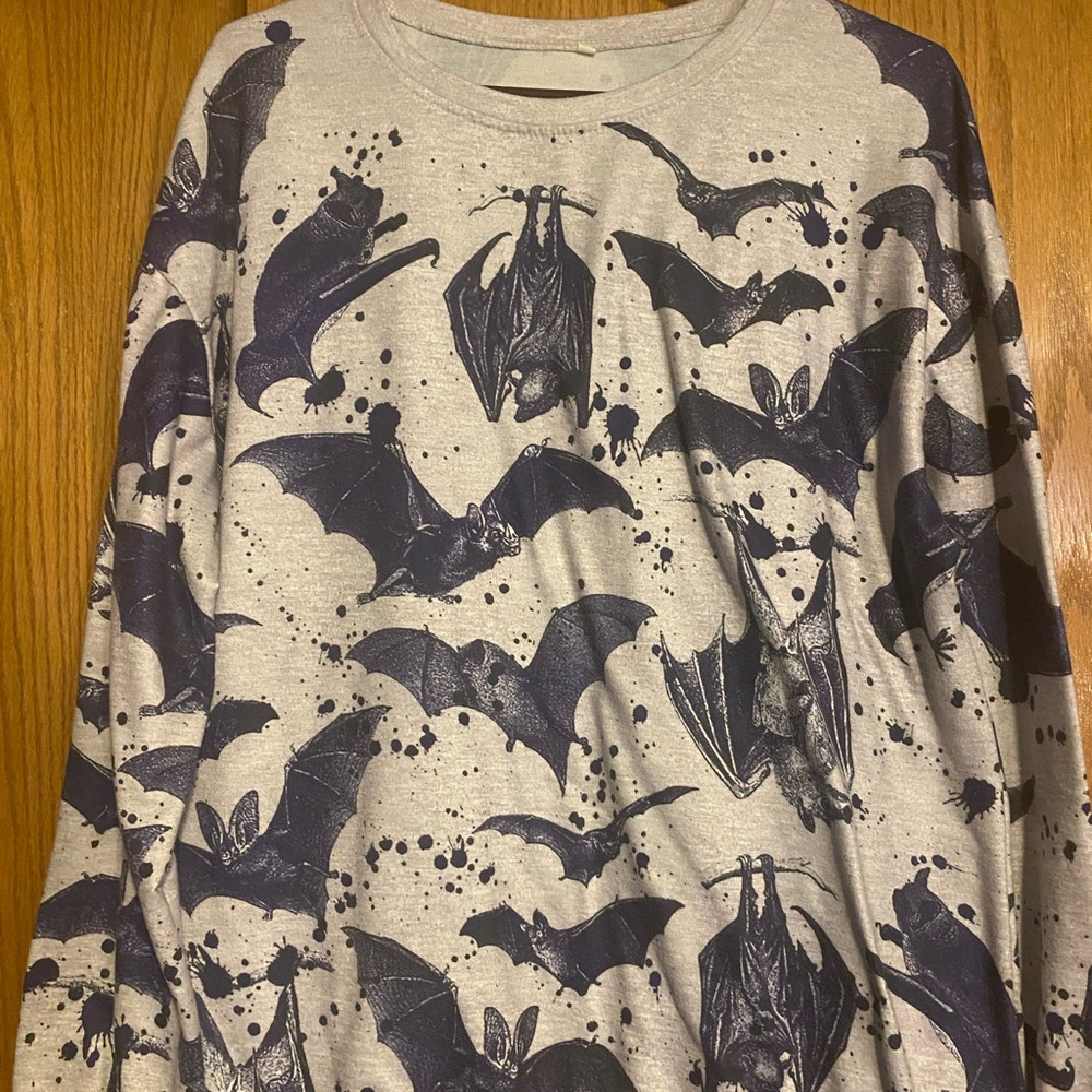 Gray Long Sleeve Bat Print Shirt